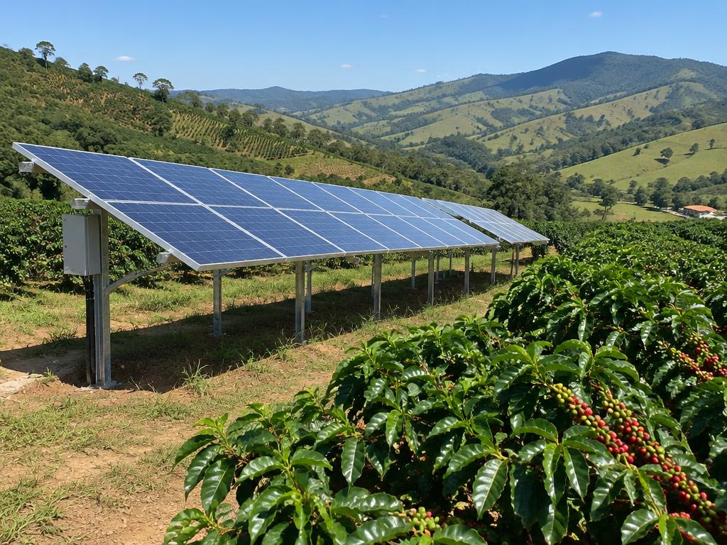 Usina solar em solo instalada em fazenda de café no Sul de Minas